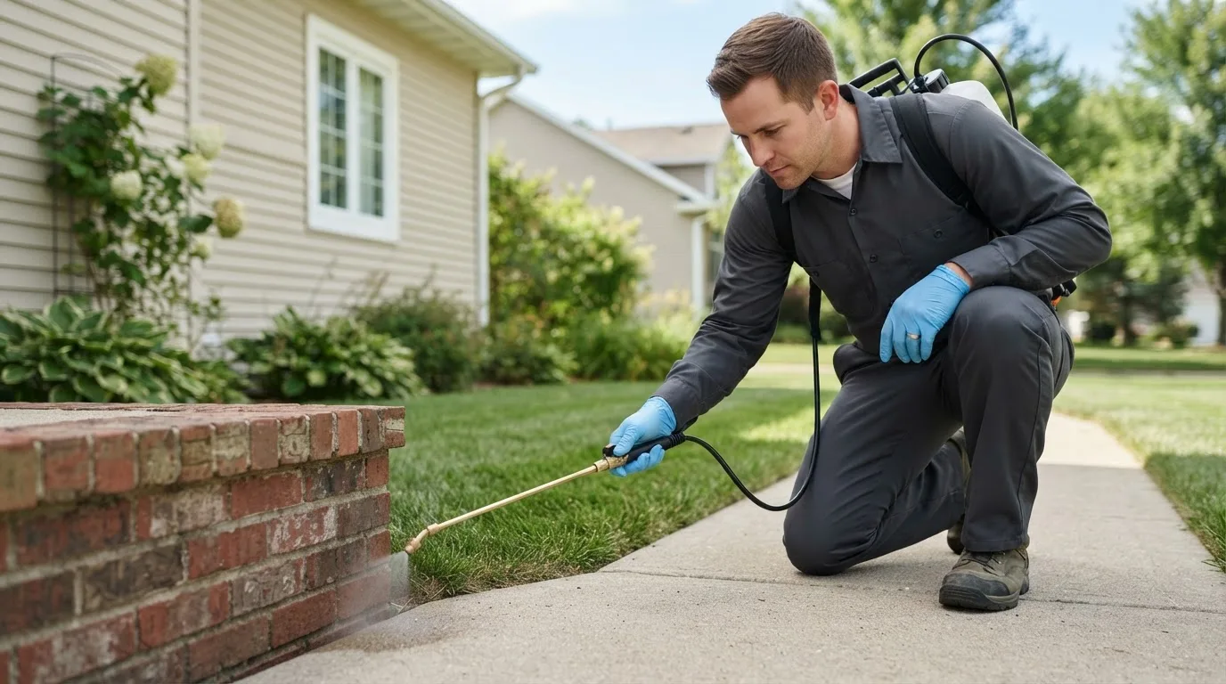 Pest control technician treating a home near Dickinson, ND