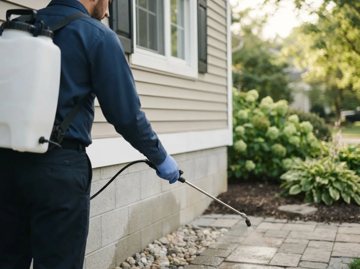 Pest control technician inspecting a home in Dickinson, ND